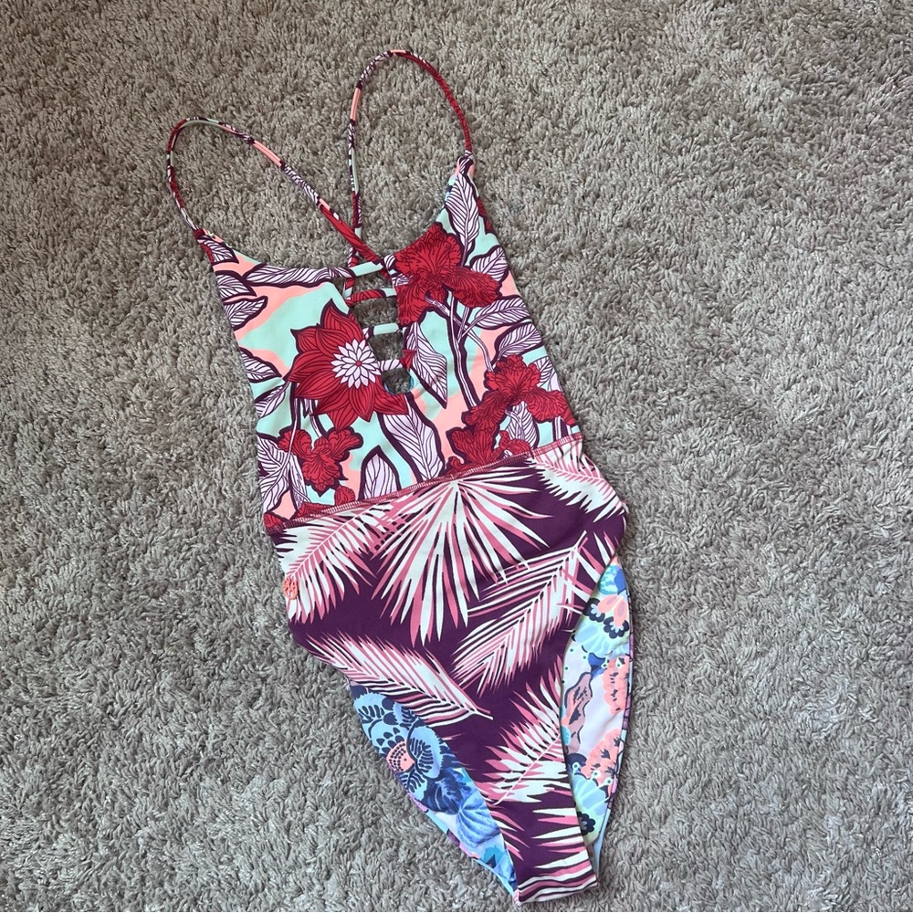 Maaji Floral and Leaf Print One Piece in Red and Blue